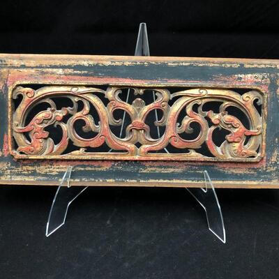 Antique Chinese Temple Carving Wall Panel in Red Gold and Black