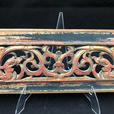 Antique Chinese Temple Carving Wall Panel in Red Gold and Black