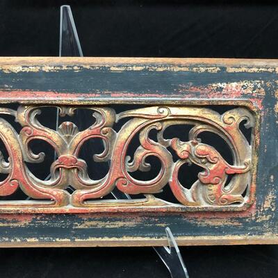 Antique Chinese Temple Carving Wall Panel in Red Gold and Black