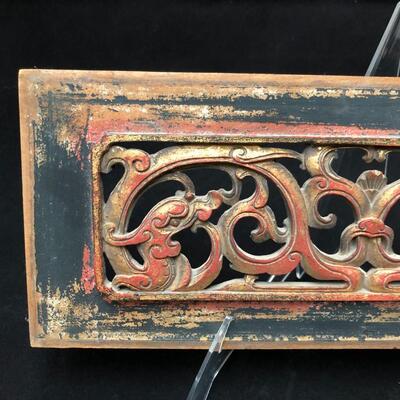 Antique Chinese Temple Carving Wall Panel in Red Gold and Black