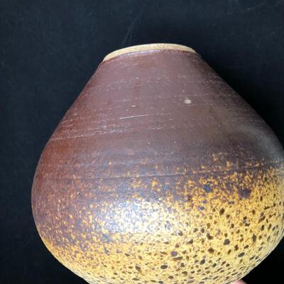Large Artist Signed Ceramic Vessel in Brown and Tan Speckled Glaze