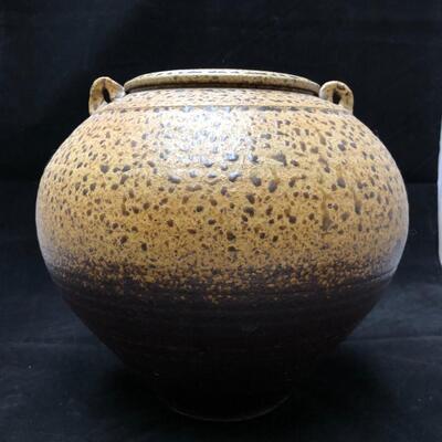 Large Artist Signed Ceramic Vessel in Brown and Tan Speckled Glaze