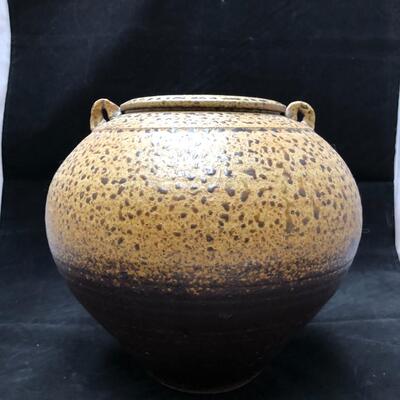 Large Artist Signed Ceramic Vessel in Brown and Tan Speckled Glaze