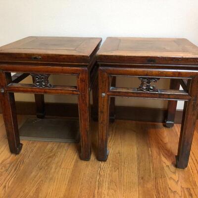 Antique Asian Chinese Pair of Wood Side Tables