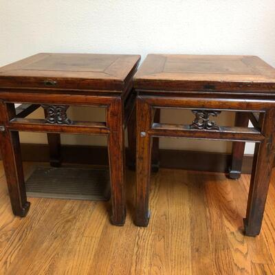 Antique Asian Chinese Pair of Wood Side Tables