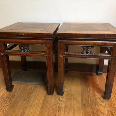 Antique Asian Chinese Pair of Wood Side Tables