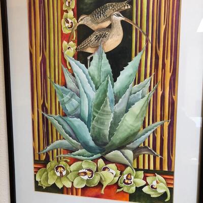 Signed Original Watercolor Art Depicting Birds and Cacti