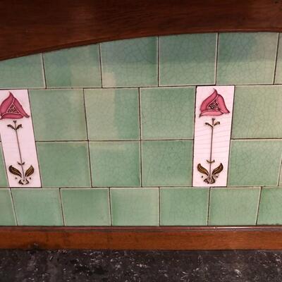 Beautiful Antique English Buffet Sideboard Table with Marble Top and Tile Back with Wheel Legs