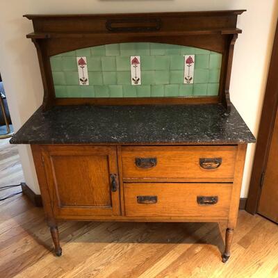 Beautiful Antique English Buffet Sideboard Table with Marble Top and Tile Back with Wheel Legs