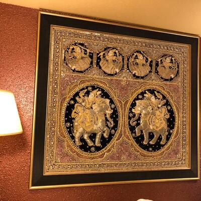 Vintage Asian Embroidered Wall DÃ©cor Art in Black and Gold and Red