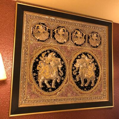 Vintage Asian Embroidered Wall DÃ©cor Art in Black and Gold and Red