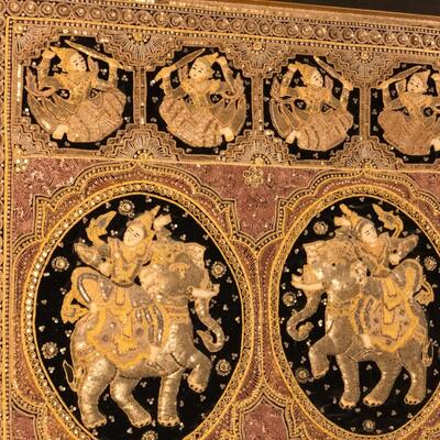 Vintage Asian Embroidered Wall DÃ©cor Art in Black and Gold and Red