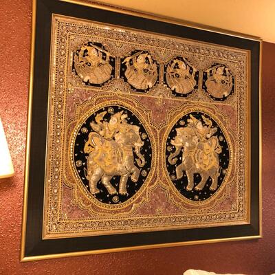 Vintage Asian Embroidered Wall DÃ©cor Art in Black and Gold and Red