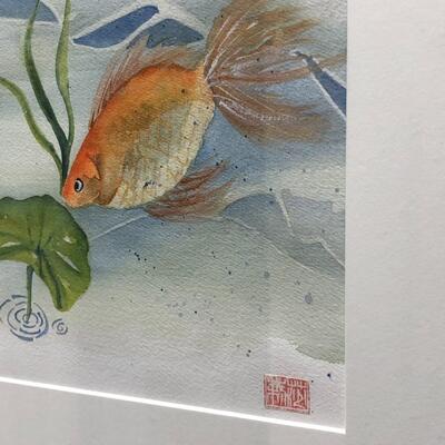 Pair of Watercolor Koi Goldfish Fish Pond Watercolor Paintings