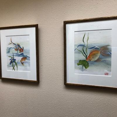 Pair of Watercolor Koi Goldfish Fish Pond Watercolor Paintings