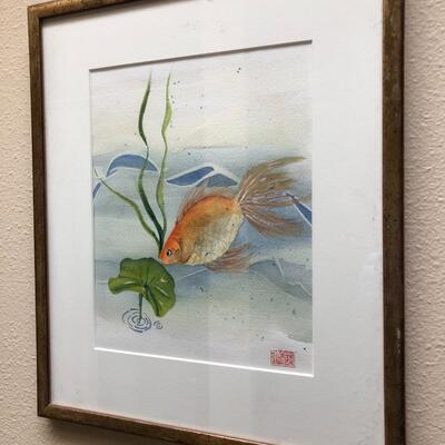 Pair of Watercolor Koi Goldfish Fish Pond Watercolor Paintings