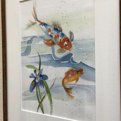 Pair of Watercolor Koi Goldfish Fish Pond Watercolor Paintings