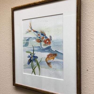 Pair of Watercolor Koi Goldfish Fish Pond Watercolor Paintings