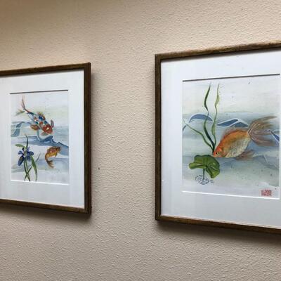 Pair of Watercolor Koi Goldfish Fish Pond Watercolor Paintings