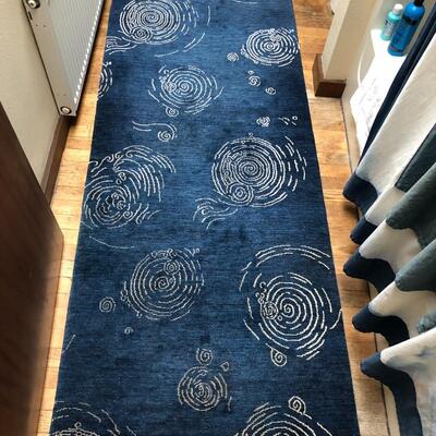 Hand Knotted Blue with White Spiral Made in Nepal Runner Rug