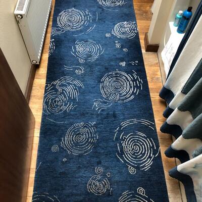 Hand Knotted Blue with White Spiral Made in Nepal Runner Rug