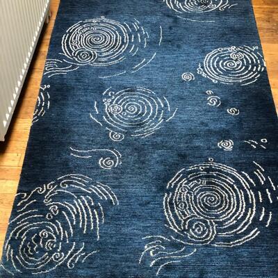 Hand Knotted Blue with White Spiral Made in Nepal Runner Rug