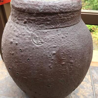 Tall Rustic Vintage Ceramic Planter Vase with Asian Stamp