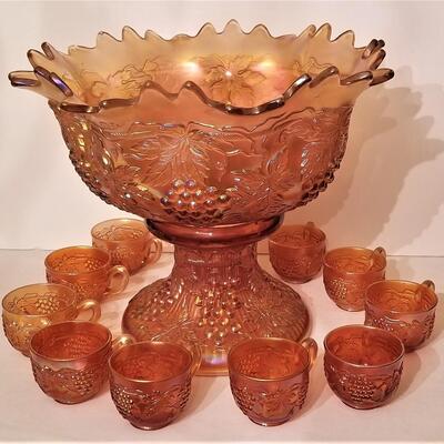 Lot #253  Signed NORTHWOOD Carnival Glass Punch Bowl and Cups