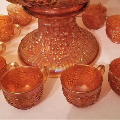 Lot #253  Signed NORTHWOOD Carnival Glass Punch Bowl and Cups