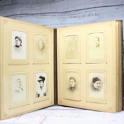 Antique Leather Photo Album Filled with Antique 19th Century Photograph Family Portraits & More
