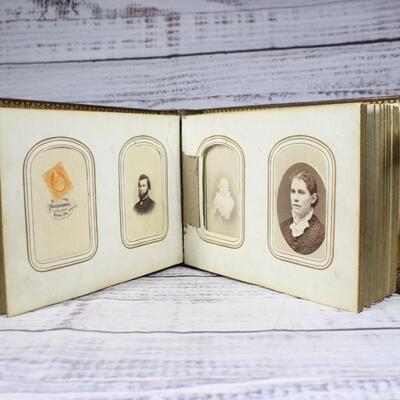 Antique Rectangular Leather Photo Album Filled with Antique 19th Century Photograph Portraits, Stamps & More