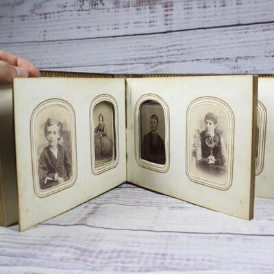 Antique Rectangular Leather Photo Album Filled with Antique 19th Century Photograph Portraits, Stamps & More