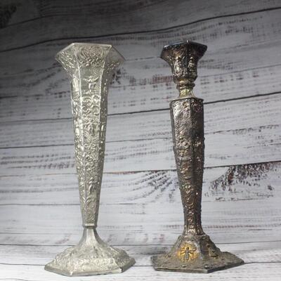 Antique Weidlich Brothers Dutch Silver Plate Ornate Candleholder & Vase