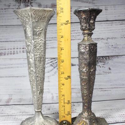 Antique Weidlich Brothers Dutch Silver Plate Ornate Candleholder & Vase