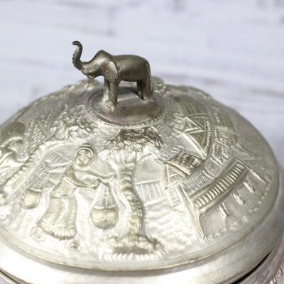 Vintage Repousse Stamped Hammered Ornate Oriental Lidded Elephant Bowl Canister