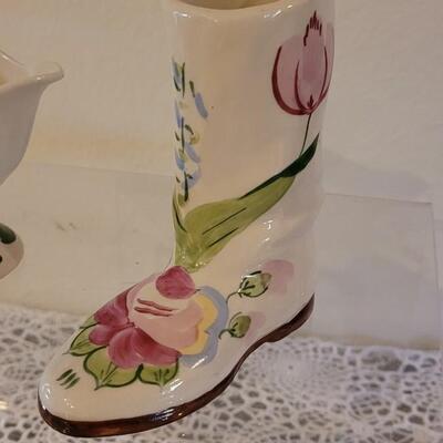 Lot 117: Blue Ridge Pottery Creamer, Boot Vase and Platter- 2 are unmarked