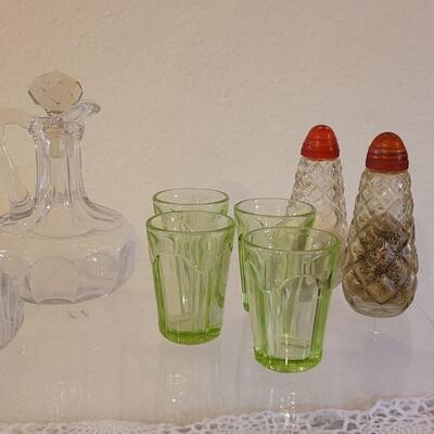 Lot 119: Antique/Vintage Cut Glass Cruet Bottles, Salt & Pepper Shakers and Green Depression Glass Shot Glasses (4)