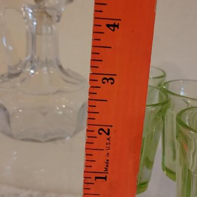 Lot 119: Antique/Vintage Cut Glass Cruet Bottles, Salt & Pepper Shakers and Green Depression Glass Shot Glasses (4)