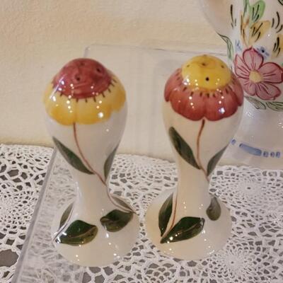 Lot 144: Blue Ridge Pottery Handpainted Teapot & Blossom Top Salt & Pepper Shakers