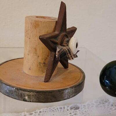 Lot 148: Primitive Wood Desktop File Box, Enamel Doorknob and Candleholder made from Primitive Pieces
