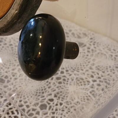 Lot 148: Primitive Wood Desktop File Box, Enamel Doorknob and Candleholder made from Primitive Pieces