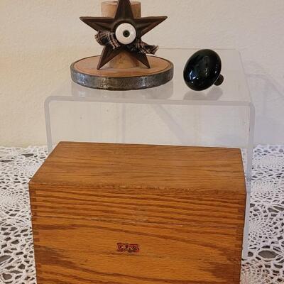 Lot 148: Primitive Wood Desktop File Box, Enamel Doorknob and Candleholder made from Primitive Pieces