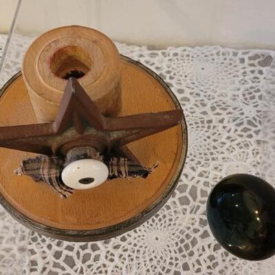 Lot 148: Primitive Wood Desktop File Box, Enamel Doorknob and Candleholder made from Primitive Pieces