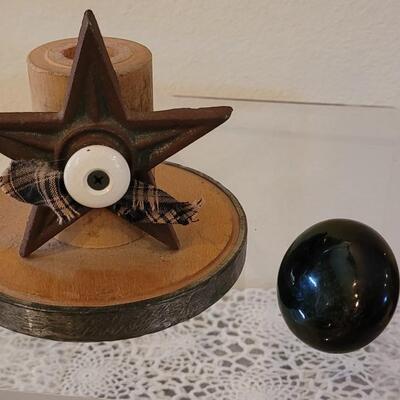 Lot 148: Primitive Wood Desktop File Box, Enamel Doorknob and Candleholder made from Primitive Pieces