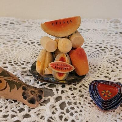 Lot 155: Vintage Mexican Folk Art Ceramic Bird, Nesting Miniature Ceramic Art and Wood Watermelon Deco