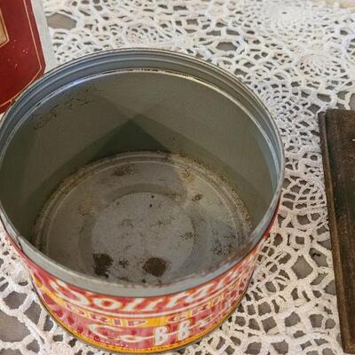 Lot 163: Antique Coffee Grinder, Solitaire Coffee Tin and Fruit & Sugar Pineapple Glass Jar