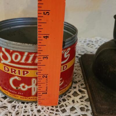 Lot 163: Antique Coffee Grinder, Solitaire Coffee Tin and Fruit & Sugar Pineapple Glass Jar