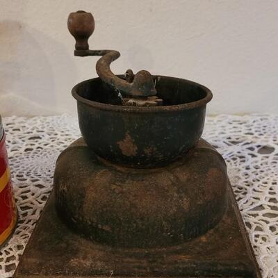 Lot 163: Antique Coffee Grinder, Solitaire Coffee Tin and Fruit & Sugar Pineapple Glass Jar