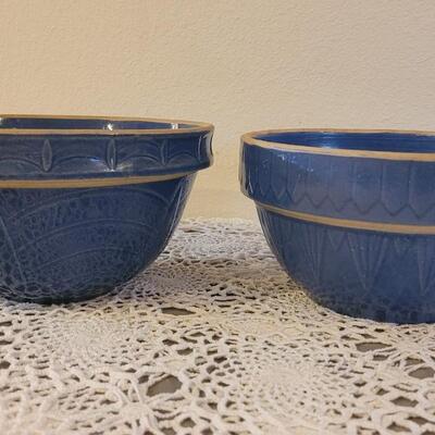 Lot 166: (2) Antique Blue Stoneware Bowls with Design