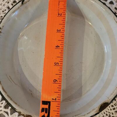 Lot 179: Antique Robbins Egg Blue & White Splatter Enamelware Pie Plate with Stand and Covered Pot with Wood Handle